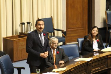 Fort Rouge MLA Wab Kinew ask question during question period Nov.1. Photo by Levi Garber.